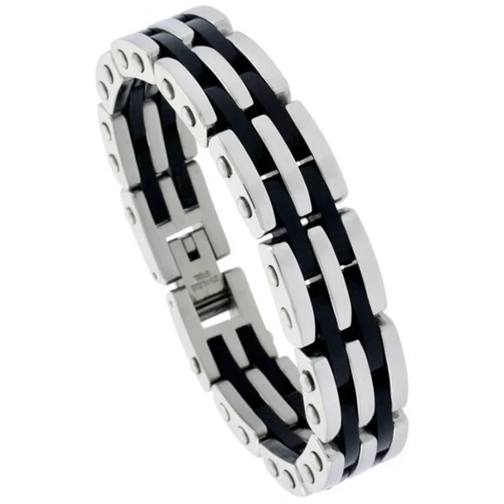 Stainless Steel Bracelet For Men with Black Rubber Heavy Bar Links, 5/8 inch wid